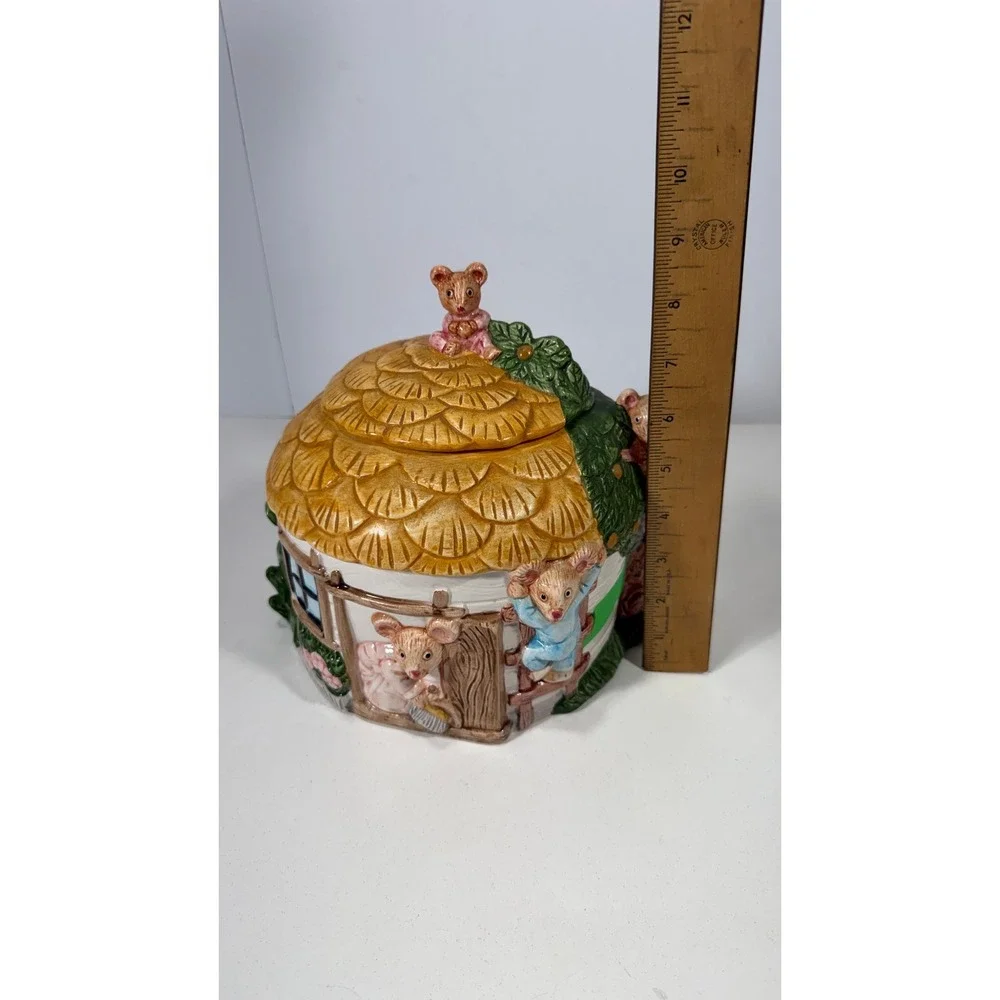Vintage Ceramic Mouse Cottage Cookie Jar Hand Painted Whimsical Mice House 8in